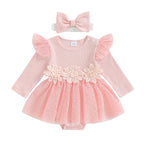 Hnyenmcko Newborn Baby Girl Romper Dress Long Sleeve 3D Flower Embroidery Tulle Dresses Jumpsuit Fall Winter Outfits Set (Tulle-Pink 12-18 Months)