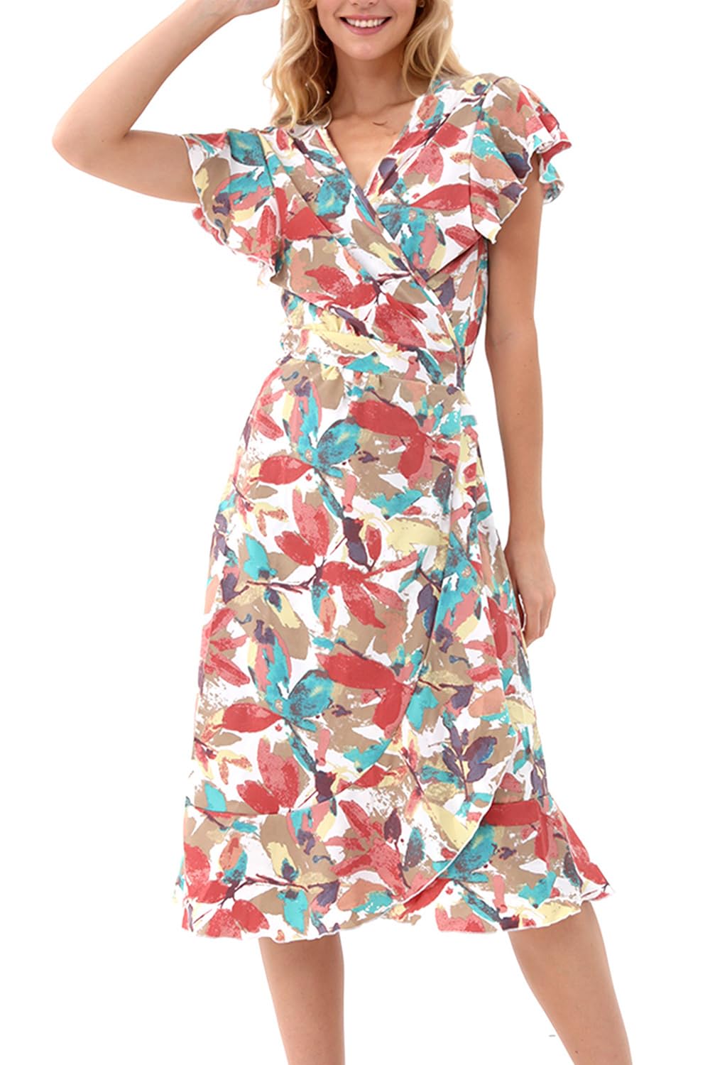 Womens Summer Wrap Maxi Dress Casual Boho Floral V Neck Short Sleeve Ruffle Hem Split Beach Long Dresses