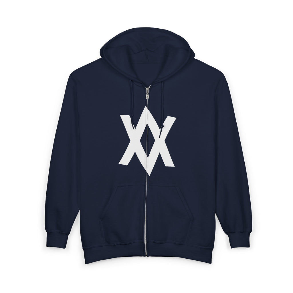 Minimalist XX Logo Zip Hoodie — Black Full‑Zip Hooded Sweatshirt