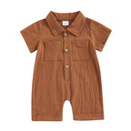 Honganda Newborn Baby Boy Summer Jumpsuit Short Sleeve Button Down Cotton Linen Shirt Romper Gentleman One Piece Outfit (Brown 3-6 Months)