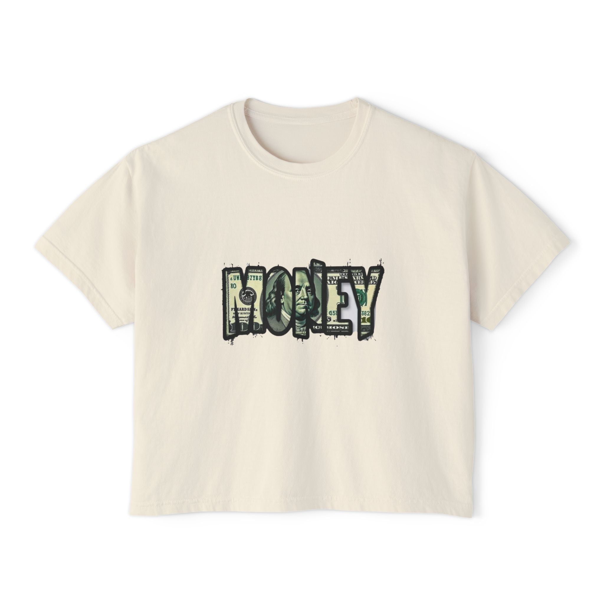 Money Graphic Women's Boxy Tee — Vintage Dollar Bill Lettering