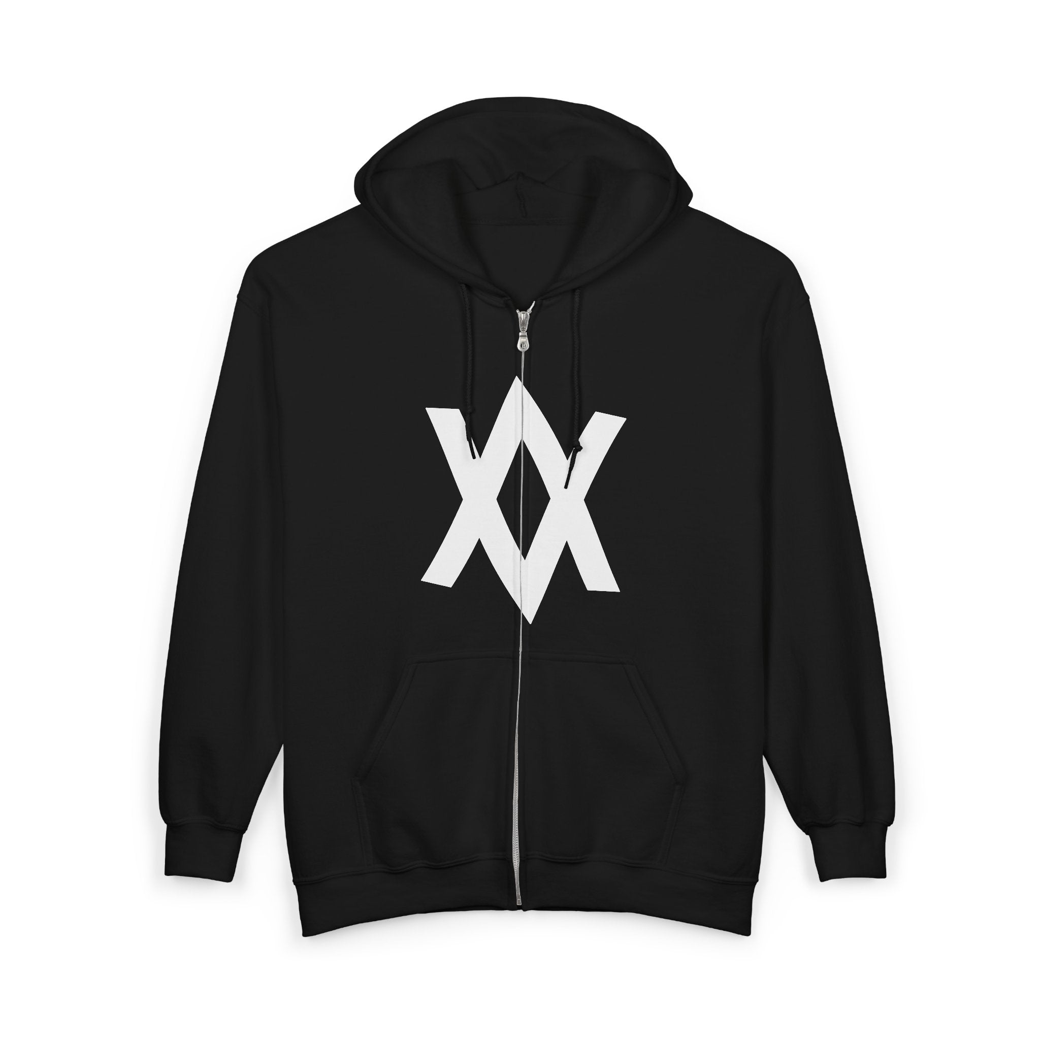 Minimalist XX Logo Zip Hoodie — Black Full‑Zip Hooded Sweatshirt