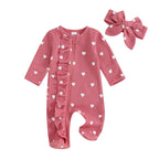 Filgriox My First Valentines Day Baby Girl Outfit Newborn Footie Romper Heart Bodysuit + Headband Infant One Piece Outfit (Rose Pink 0-3 Months)