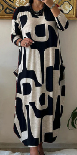 Long Sleeve Printed Dress with 3D Floral Design (One Piece)