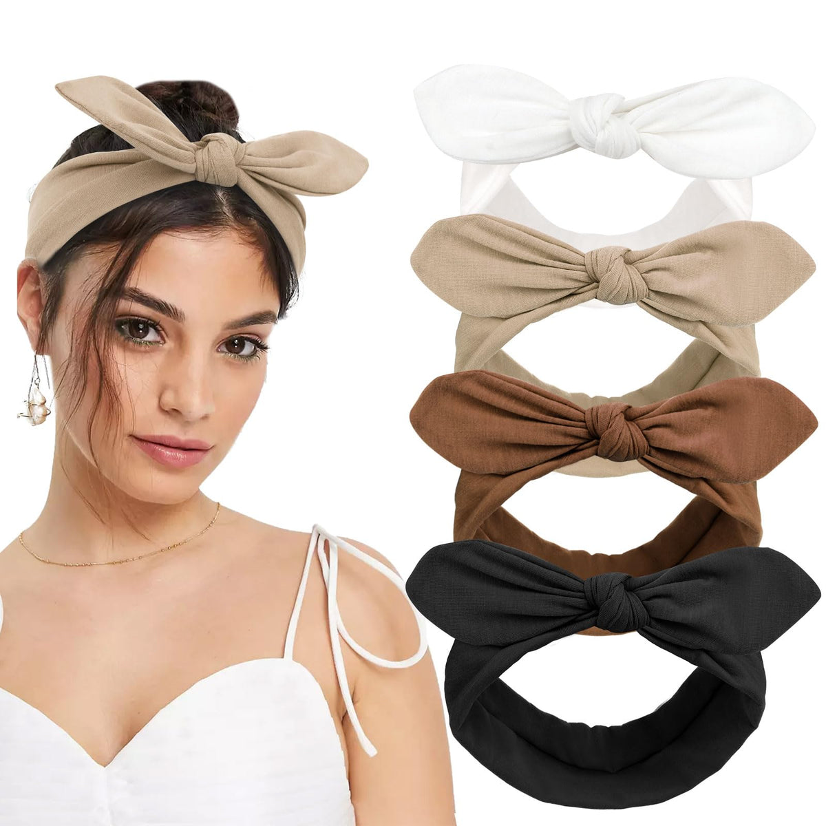4PCS Knotted Bow Headbands for Women Girls Non Slip Wide Head Bands Top Knot Hairbands for Yoga Workout Brown Black White Headband Turban Headwrap Hair Accessories for Women