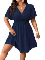Floerns Womens Plus Size Solid Wrap V Neck Short Sleeve Ruffle A Line Dress Dark Blue 3XL
