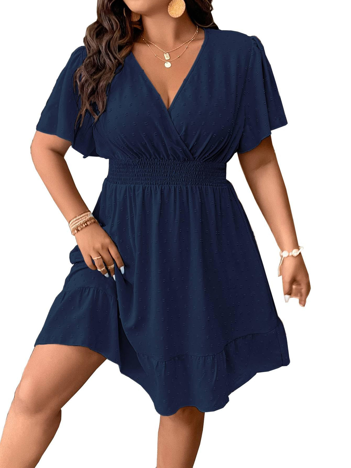 Floerns Womens Plus Size Solid Wrap V Neck Short Sleeve Ruffle A Line Dress Dark Blue 3XL