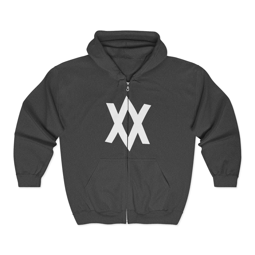 Minimalist XX Logo Zip Hoodie — Black Full‑Zip Hooded Sweatshirt