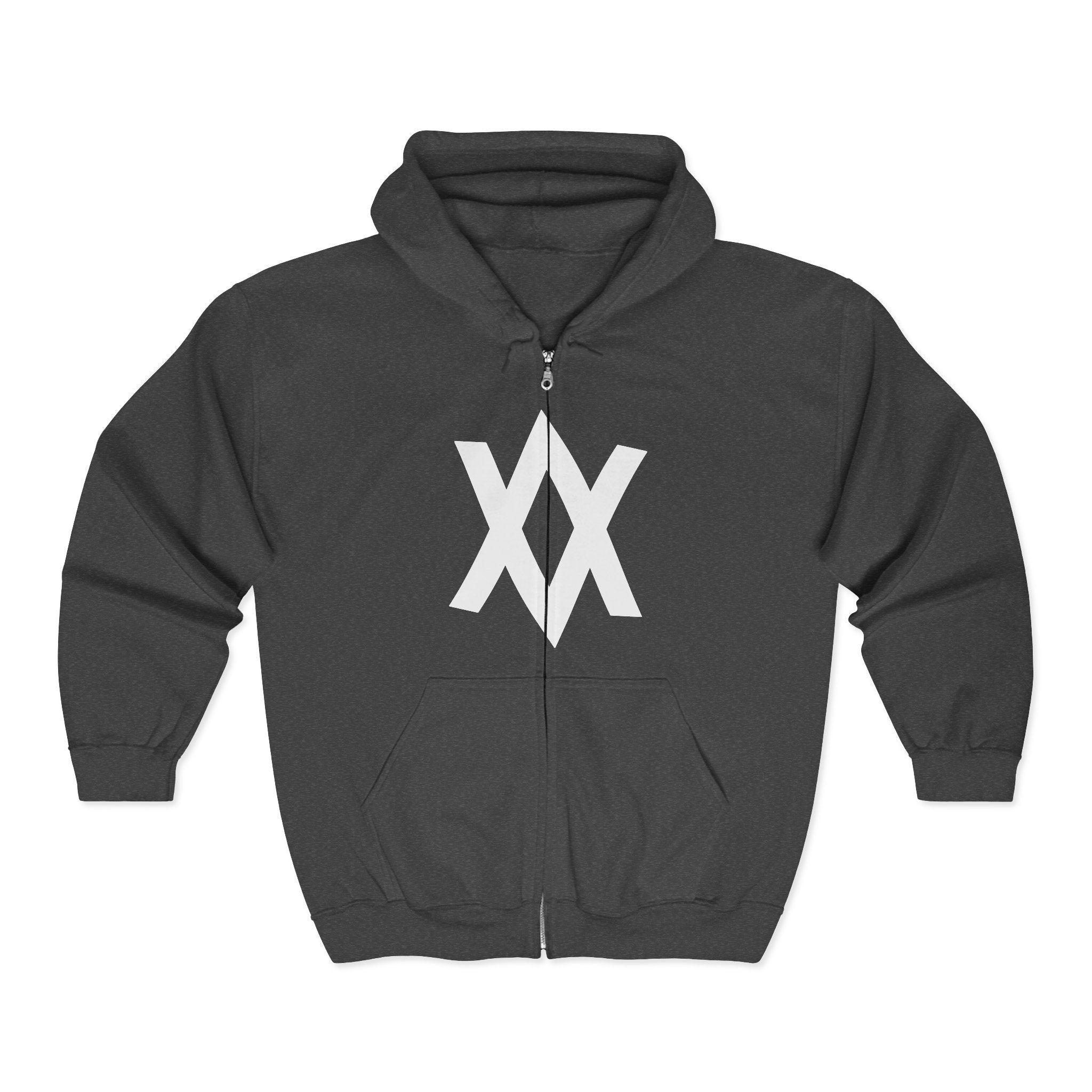 Minimalist XX Logo Zip Hoodie — Black Full‑Zip Hooded Sweatshirt
