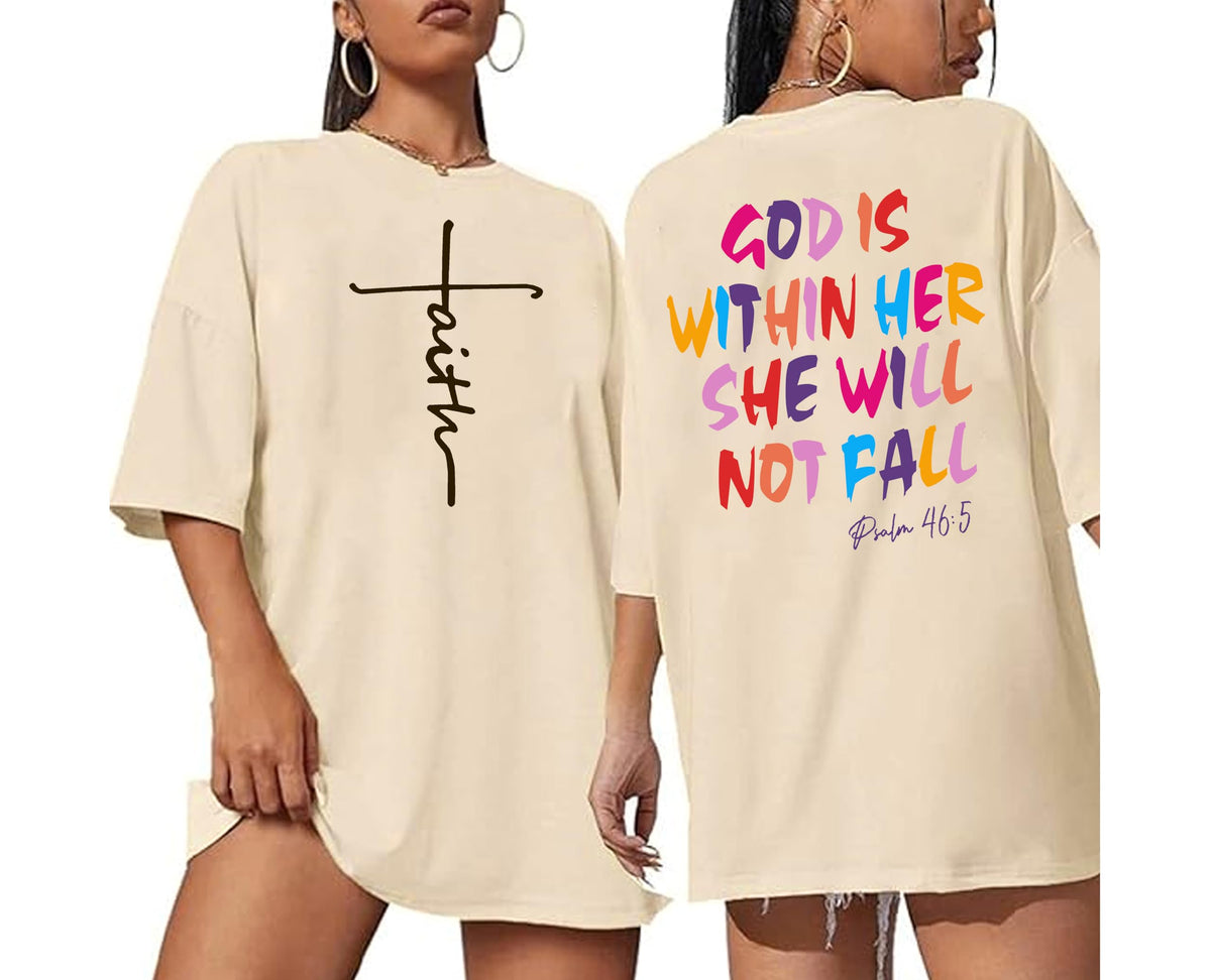Oversized Christian Tshirts for Women God is Within Her Tops Jesus Faith Shirts Bible Verse Inspirational Graphic Tees
