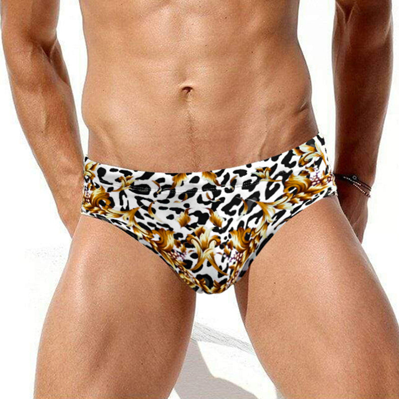 Leopard Print Men's Low Waist Fitness Swim Trunks