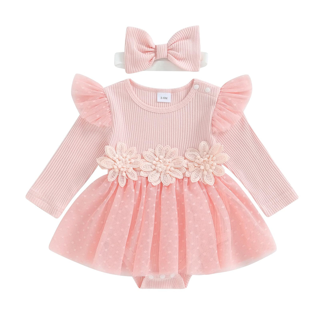 Hnyenmcko Newborn Baby Girl Romper Dress Long Sleeve 3D Flower Embroidery Tulle Dresses Jumpsuit Fall Winter Outfits Set (Tulle-Pink 12-18 Months)