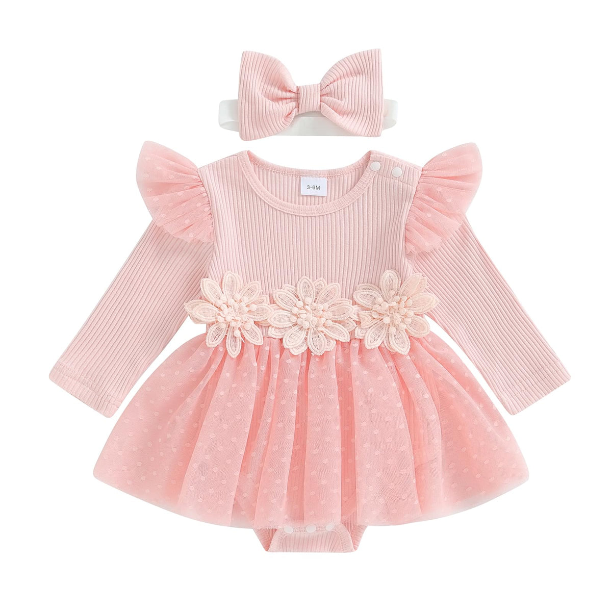 Hnyenmcko Newborn Baby Girl Romper Dress Long Sleeve 3D Flower Embroidery Tulle Dresses Jumpsuit Fall Winter Outfits Set (Tulle-Pink 12-18 Months)