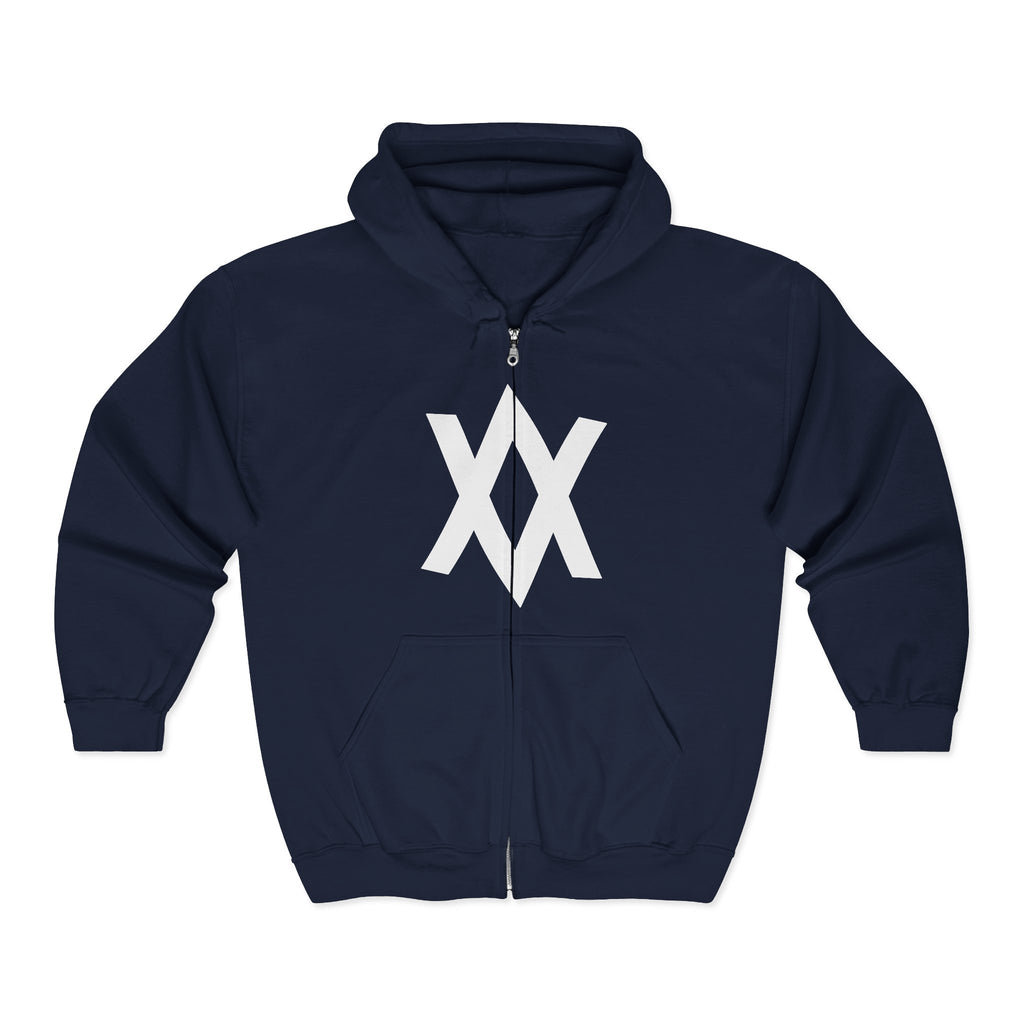 Minimalist XX Logo Zip Hoodie — Black Full‑Zip Hooded Sweatshirt