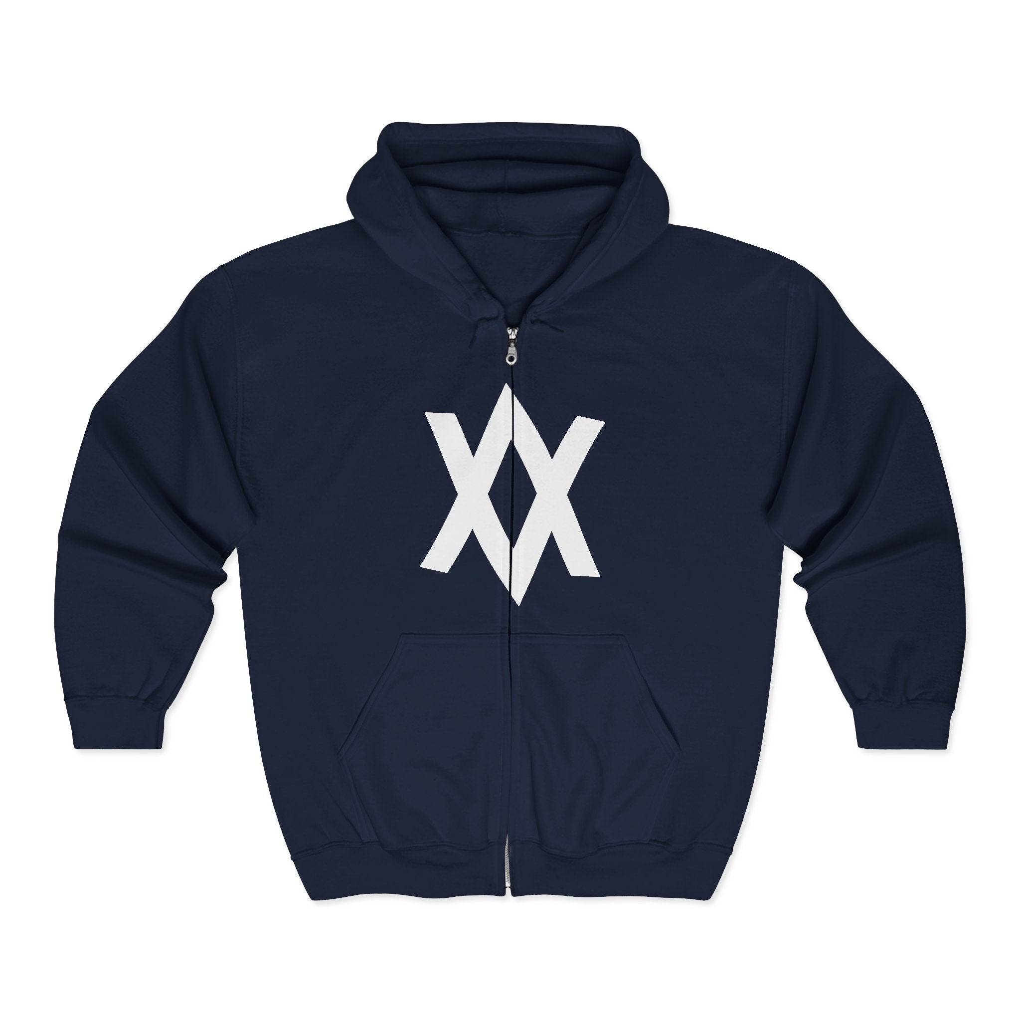 Minimalist XX Logo Zip Hoodie — Black Full‑Zip Hooded Sweatshirt