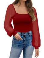 Womens Mesh Long Sleeve Shirts Dressy Tops Casual Puff Sleeve Blouses Shirts for Women Scoop Neck Casual Blouses Fall Tunic Tops (Red XL)