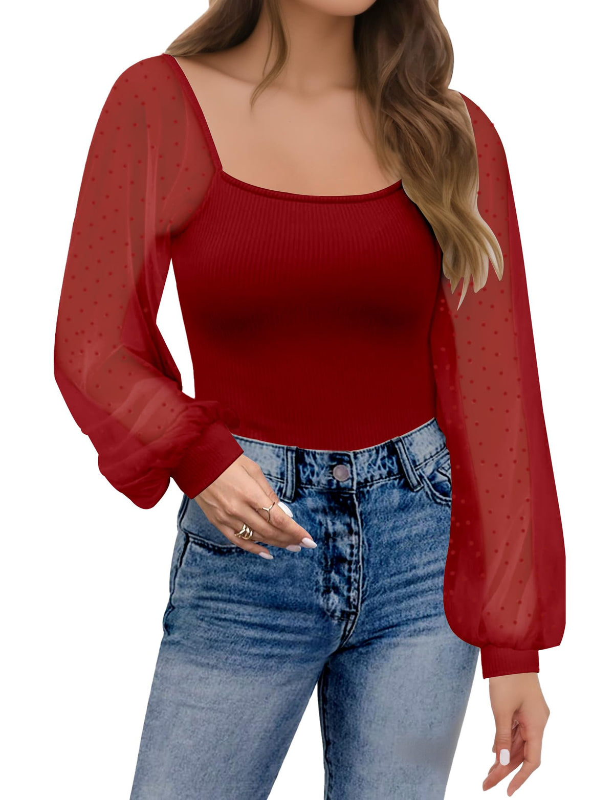 Womens Mesh Long Sleeve Shirts Dressy Tops Casual Puff Sleeve Blouses Shirts for Women Scoop Neck Casual Blouses Fall Tunic Tops (Red XL)