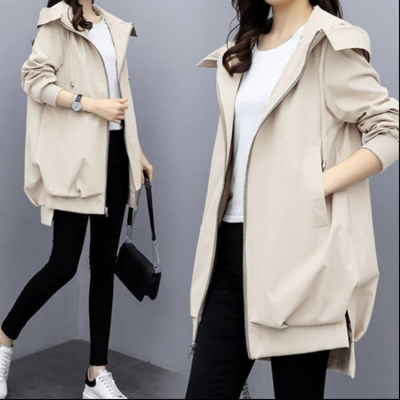 Casual Hooded Mid-Length Trench Coat