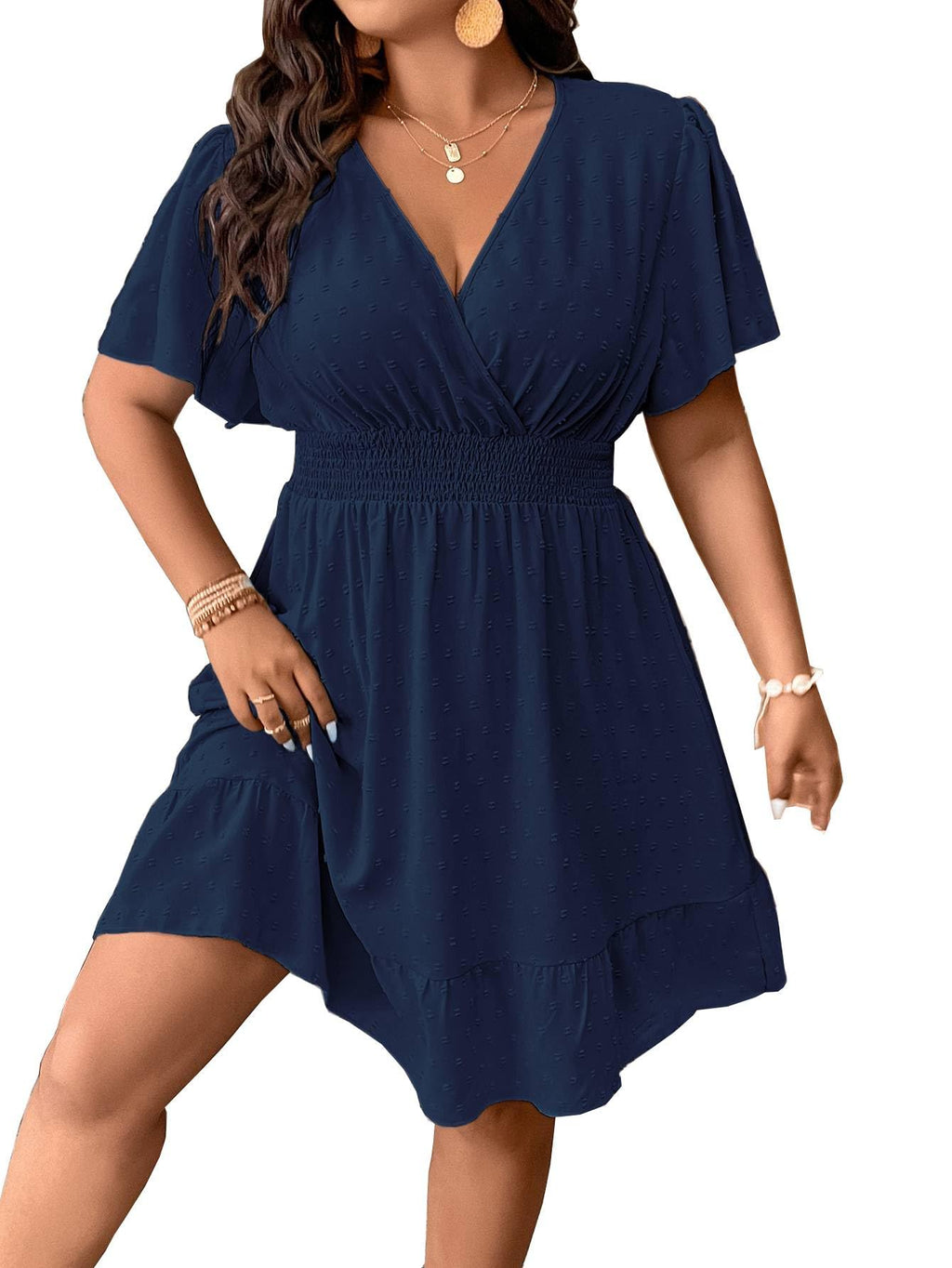 Floerns Womens Plus Size Solid Wrap V Neck Short Sleeve Ruffle A Line Dress Dark Blue 3XL