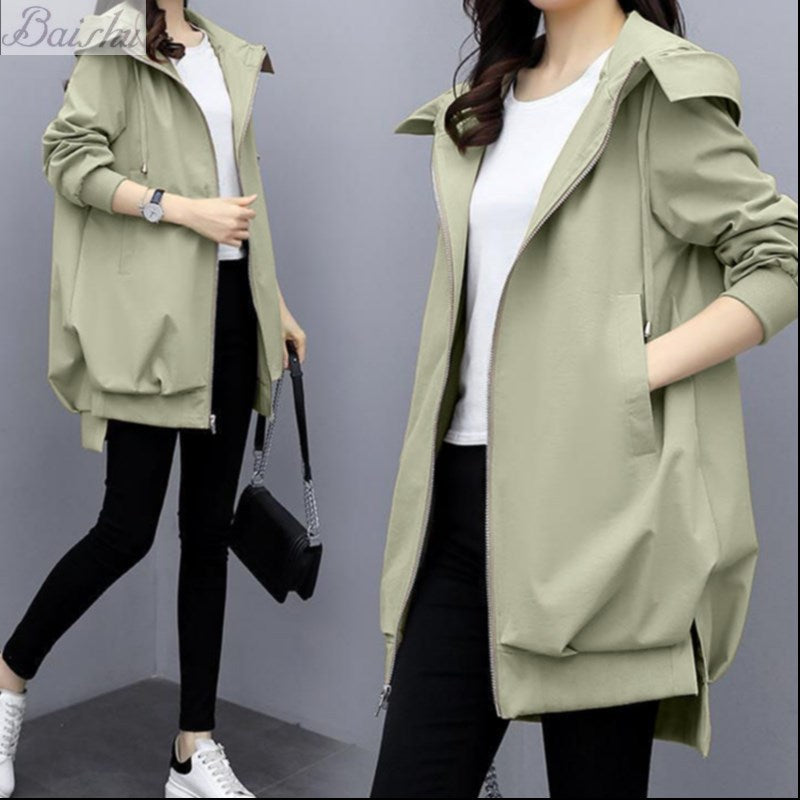Casual Hooded Mid-Length Trench Coat