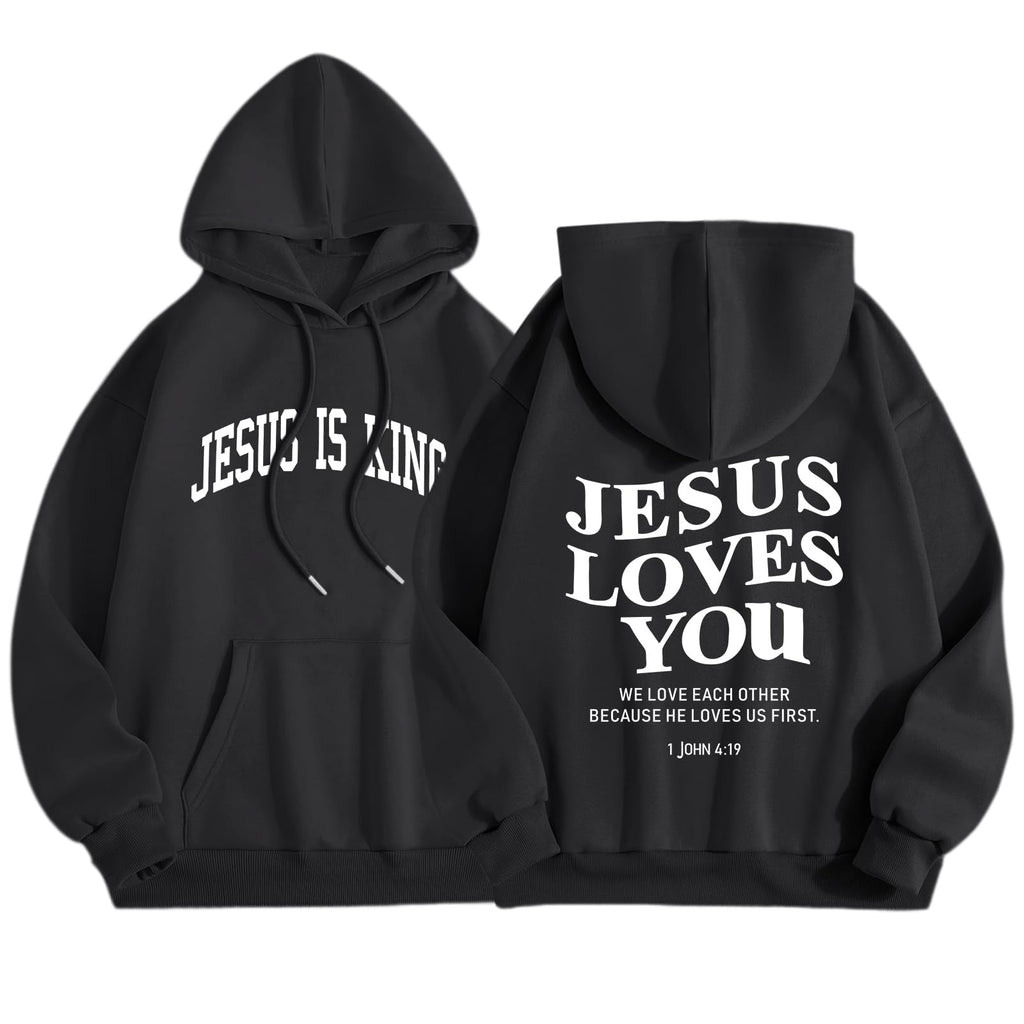 Sulayesh Christian Jesus Loves You Hoodies Women Religious Faith God Jesus Is King Sweatshirts Bible Verse Inspirational Tops (BlackL)