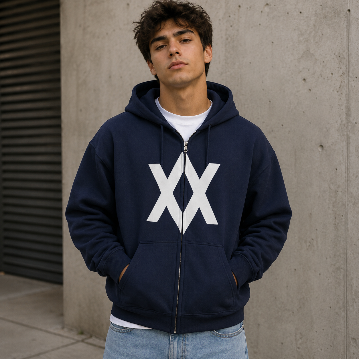 Minimalist XX Logo Zip Hoodie — Black Full‑Zip Hooded Sweatshirt