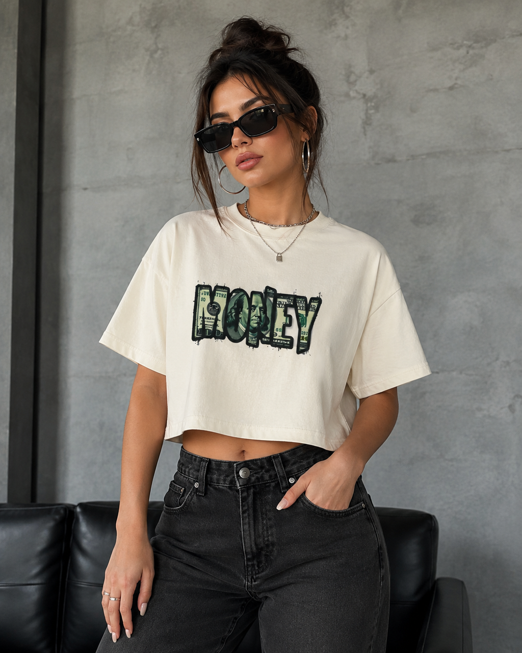 Money Graphic Women's Boxy Tee — Vintage Dollar Bill Lettering