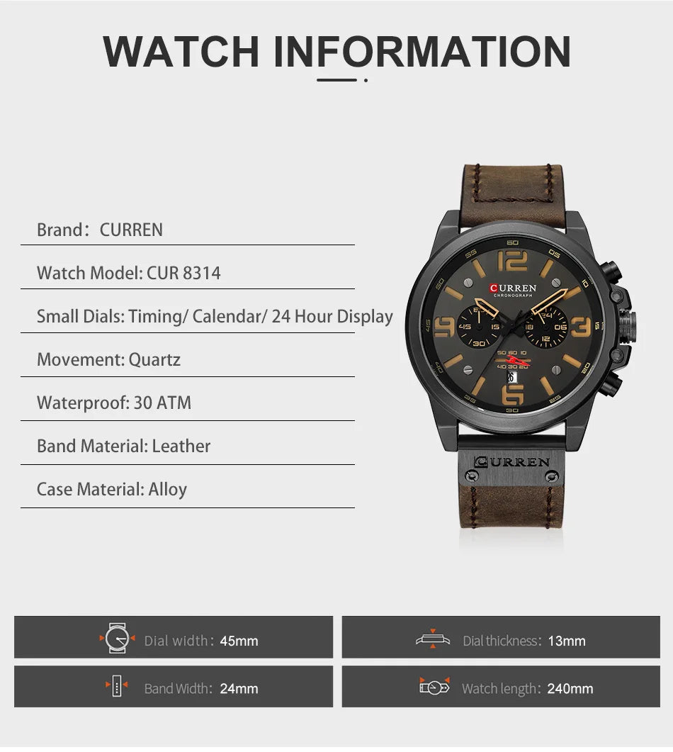 Reloj CURREN 8314 para hombre con logo de la marca, reloj masculino deportivo para uso diario, resistente al agua