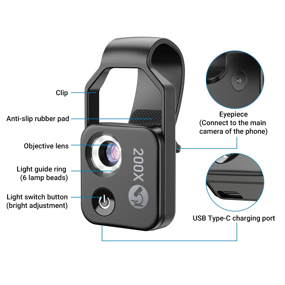Lente Microscopio para Teléfono 100X/200X con Clip