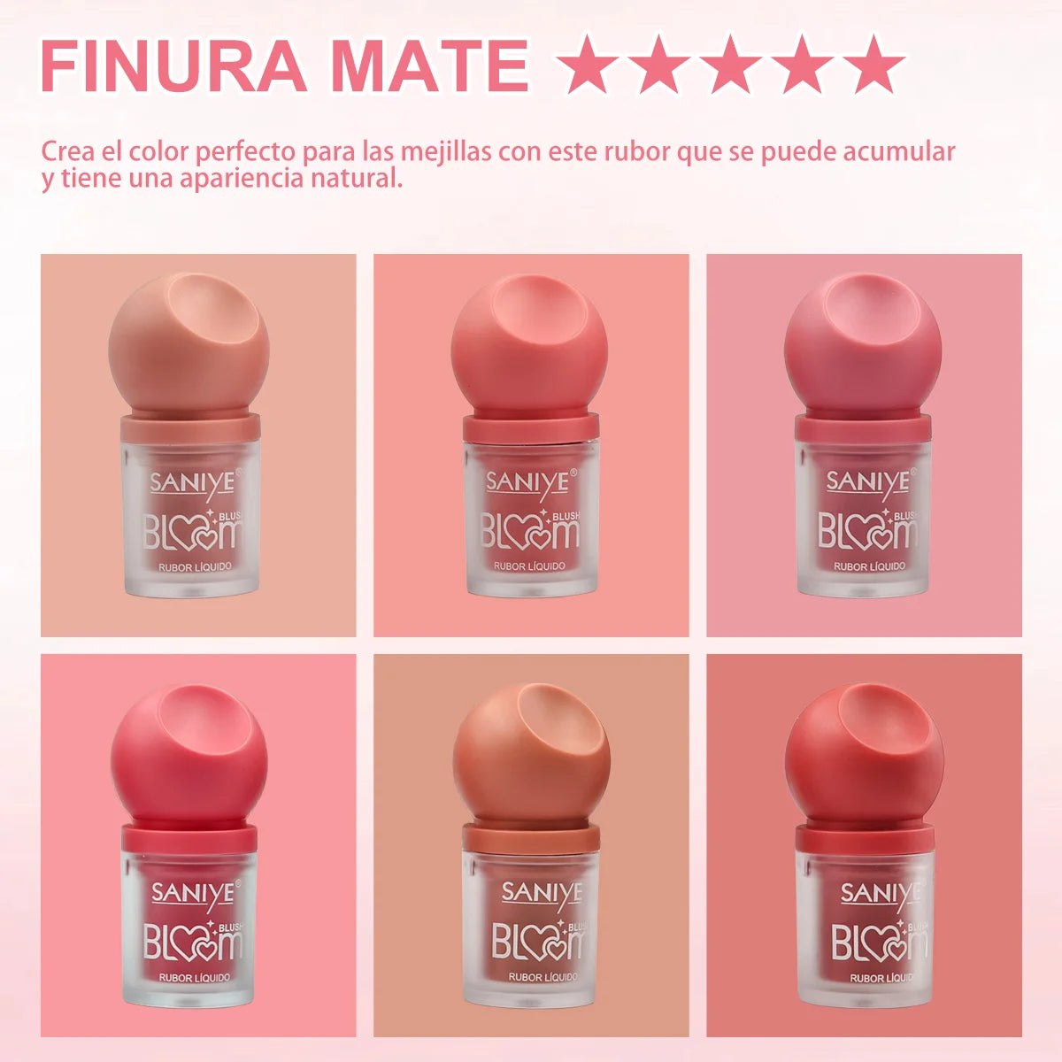💖 Rubor SANIYE® con Pincel Integrado – 6 Tonos Naturales