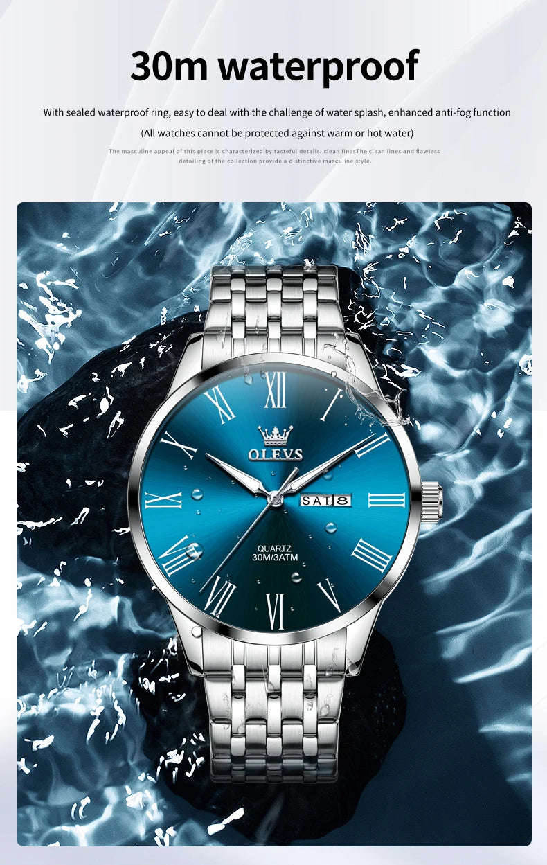 Reloj OLEVS de acero inoxidable para hombre, estilo empresarial minimalista, de lujo,