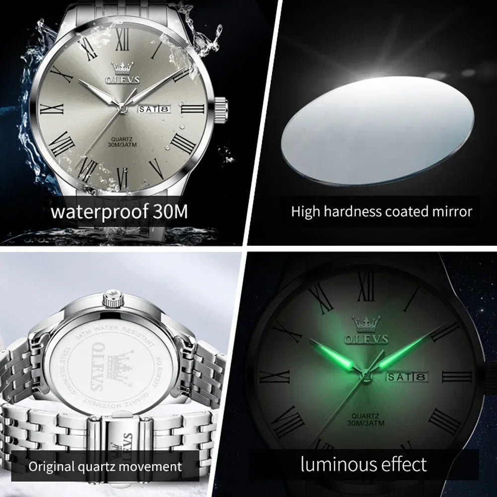 Reloj OLEVS de acero inoxidable para hombre, estilo empresarial minimalista, de lujo,