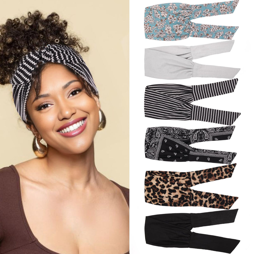 TuTive 6 Pieces Adjustable Headbands for Women Elastic Knotted Boho Headbands For Women Fashion Wide Headband Hair Scarf Headband Yoga Workout Head Bands Hair Accessories Band