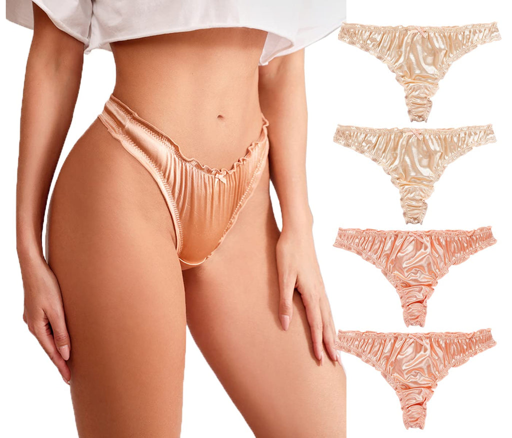 abandi Womens Satin Thongs Silk Feeling Bikini Briefs Underwear Ruched G-String Thong Panties 4 PackPink 002 Size S