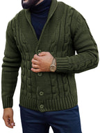 Makkrom Mens Cardigan Shawl Collar Sweater Button up Slim Fit Cable Knit Long Sleeve Sweater Army Green