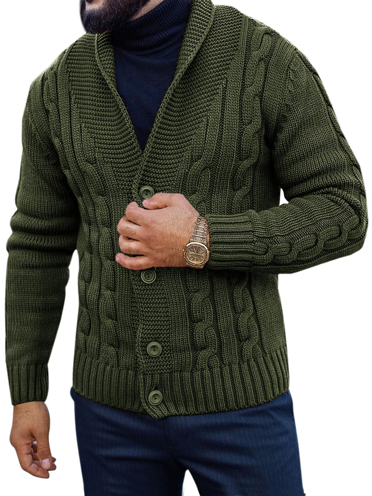 Makkrom Mens Cardigan Shawl Collar Sweater Button up Slim Fit Cable Knit Long Sleeve Sweater Army Green