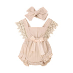 Newborn Baby Girl Lace Romper Ruffle Sleeveless Backless Onesie Jumpsuit Bodysuit with Headband Summer Clothes (Beige 6-12 Months)