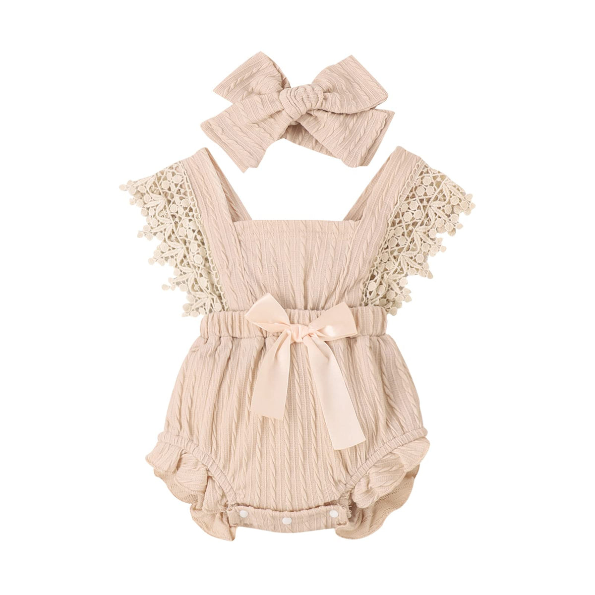 Newborn Baby Girl Lace Romper Ruffle Sleeveless Backless Onesie Jumpsuit Bodysuit with Headband Summer Clothes (Beige 6-12 Months)