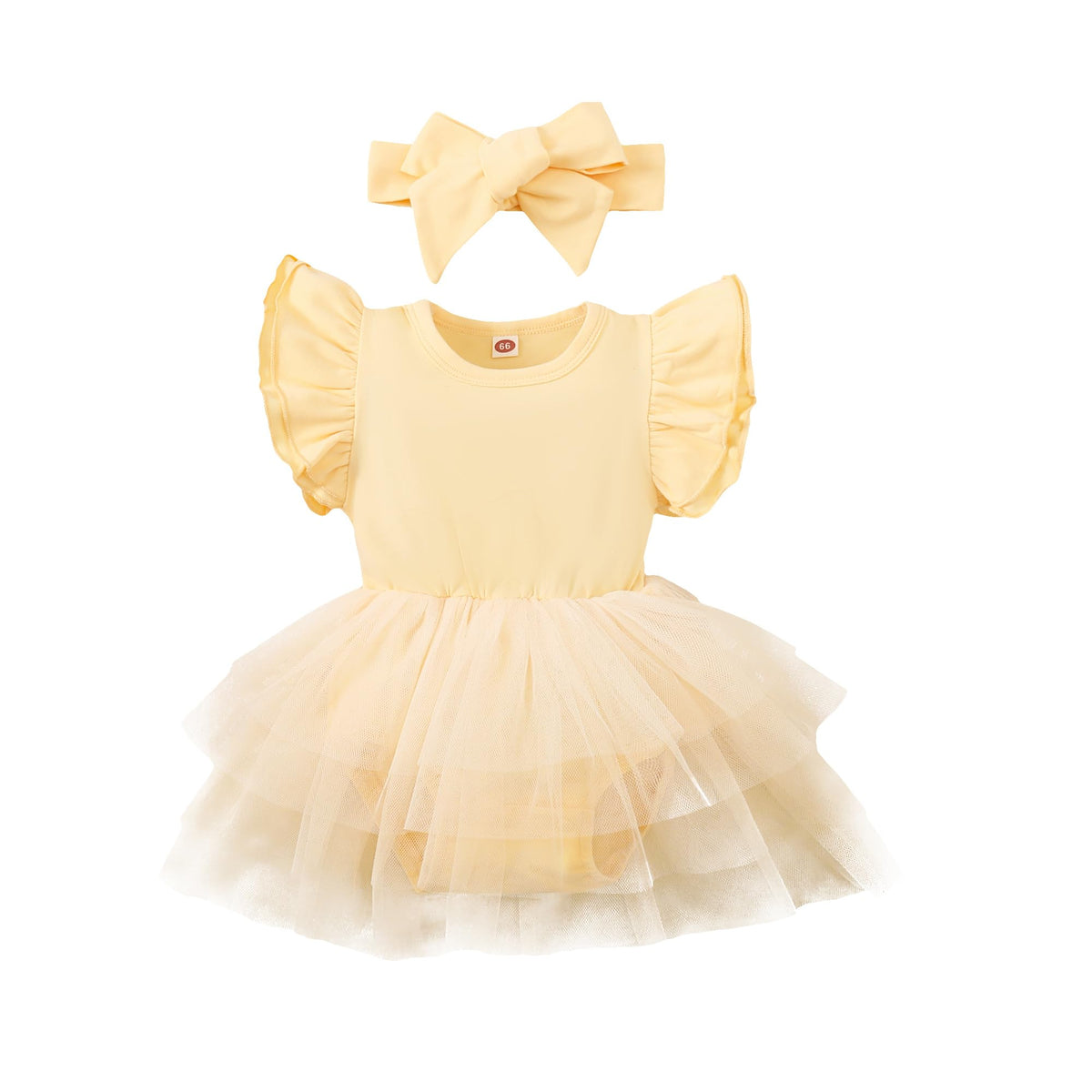 Baby Girl Ruffle Sleeve Romper Dress Infant Jumpsuit Tutu Skirt Set Newborn Princess Tulle Dresses Headband Outfit (Yellowish-Sleeveless 9-12 Months)