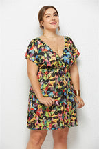 Printed Deep V-Neck Dress with Elastic Waist