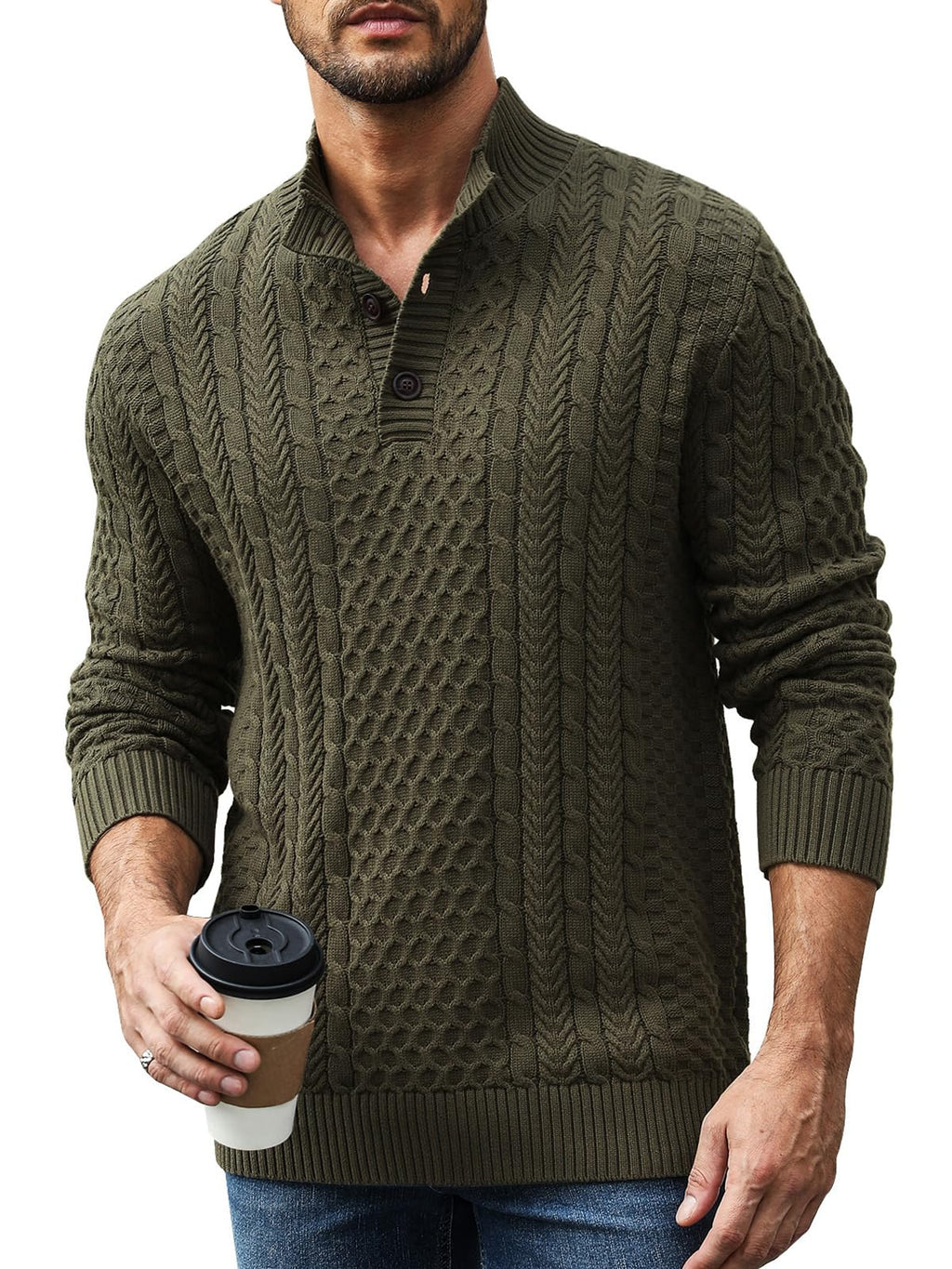 Suvifuly Mens Stand Collar Pullover Sweater Slim Fit Button Casual Knitted Sweaters Twisted Thermal Fashion Henley Sweater Army Green