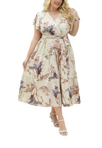 Celkuser Womens Plus Size Ruffle Short Sleeve V Neck Summer Boho Casual A-Line Floral Midi Dress with Pockets(cel13426Apricot)