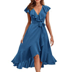 Generic Wedding Guest Dress Engagement Dresses for Women Vestidos Formales para Mujer Womens Summer Wrap V Neck Split Party Dress Ruffle Short Sleeve Midi Dress with Belt Sky Blue Medium