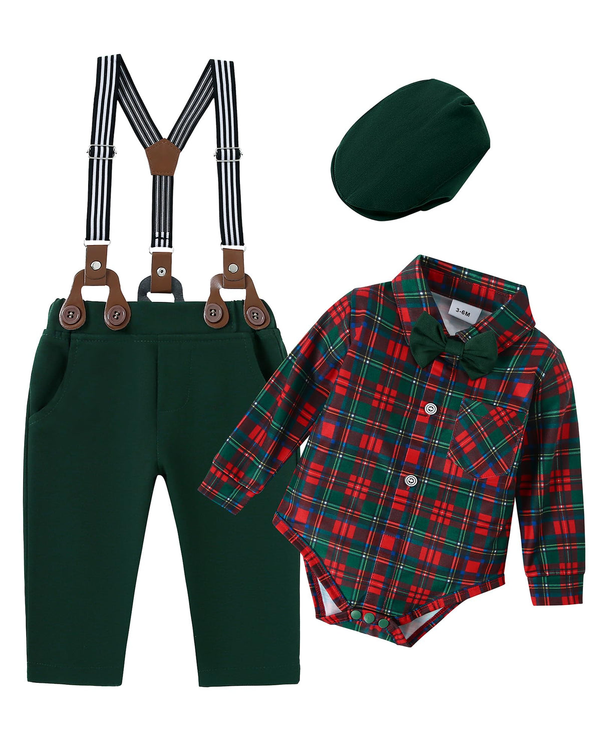 ZOEREA Baby Boy Suit Gentleman Outfit Clothes Set Infant Tuxedo Long Sleeve Dress Shirt+Suspender Pants+Bowtie+Beret Hat