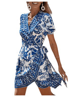 WDIRARA Womens Summer Casual Boho Floral Print Short Sleeve Wrap V Neck Ruffle Hem A Line Dress Blue and White XL