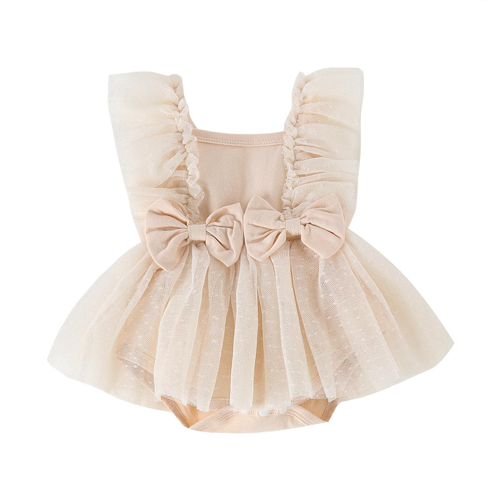 Hnyenmcko Newborn Baby Girl Summer Romper Dress Infant Fly Sleeve Flower Embroidery Mesh Tulle Skirt Hem Ribbed Bodysuit (65% Cotton+35% Polyester-Ivory 3-6 Months)