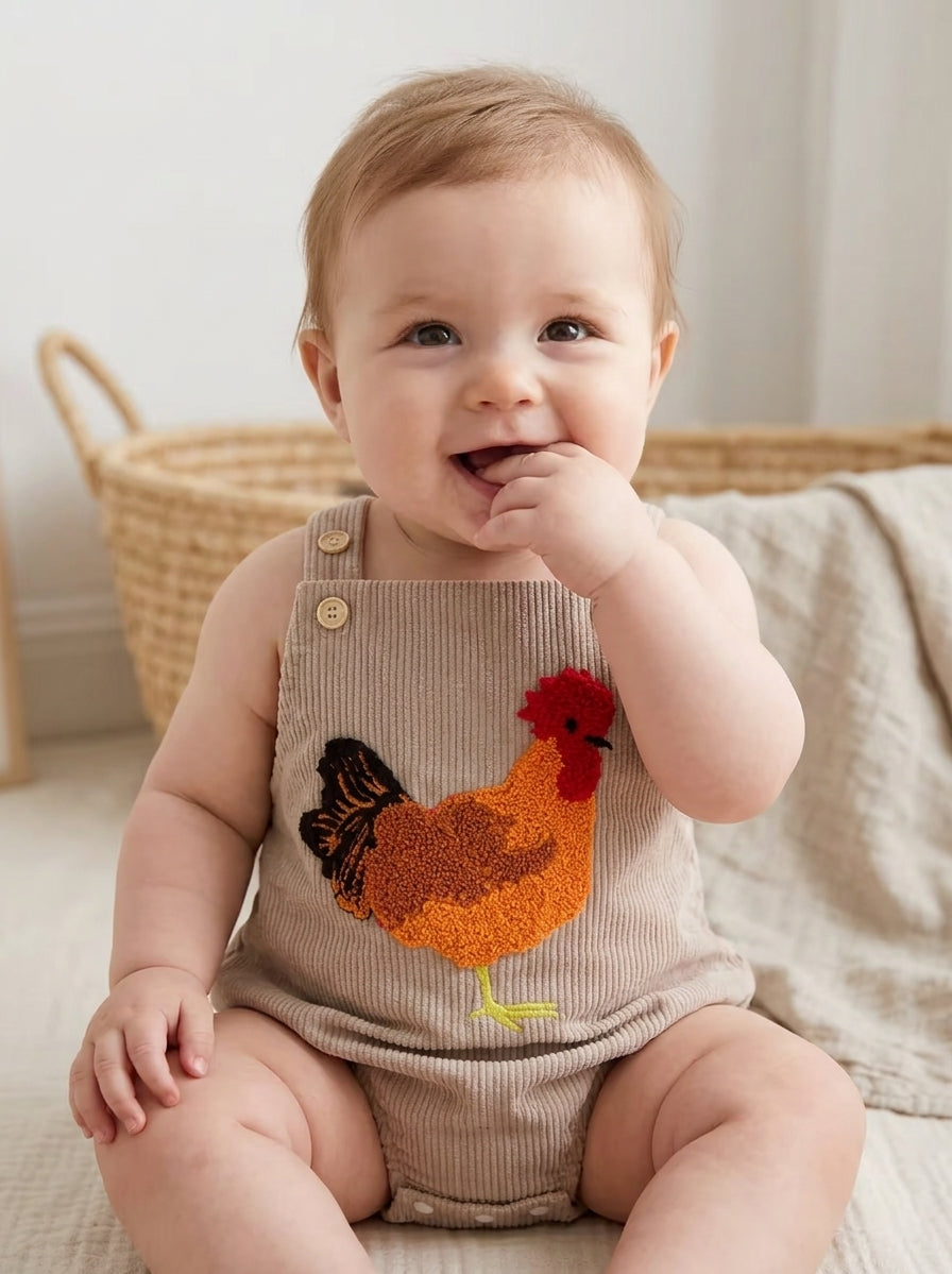Tsnbre Newborn Baby Boy Girl Summer Outfits Corduroy Romper Farm Chicken Baby Overalls 0 3 6 9 12 Months Infant Clothes (Chicken Embroidery Beige 6-9 Months)
