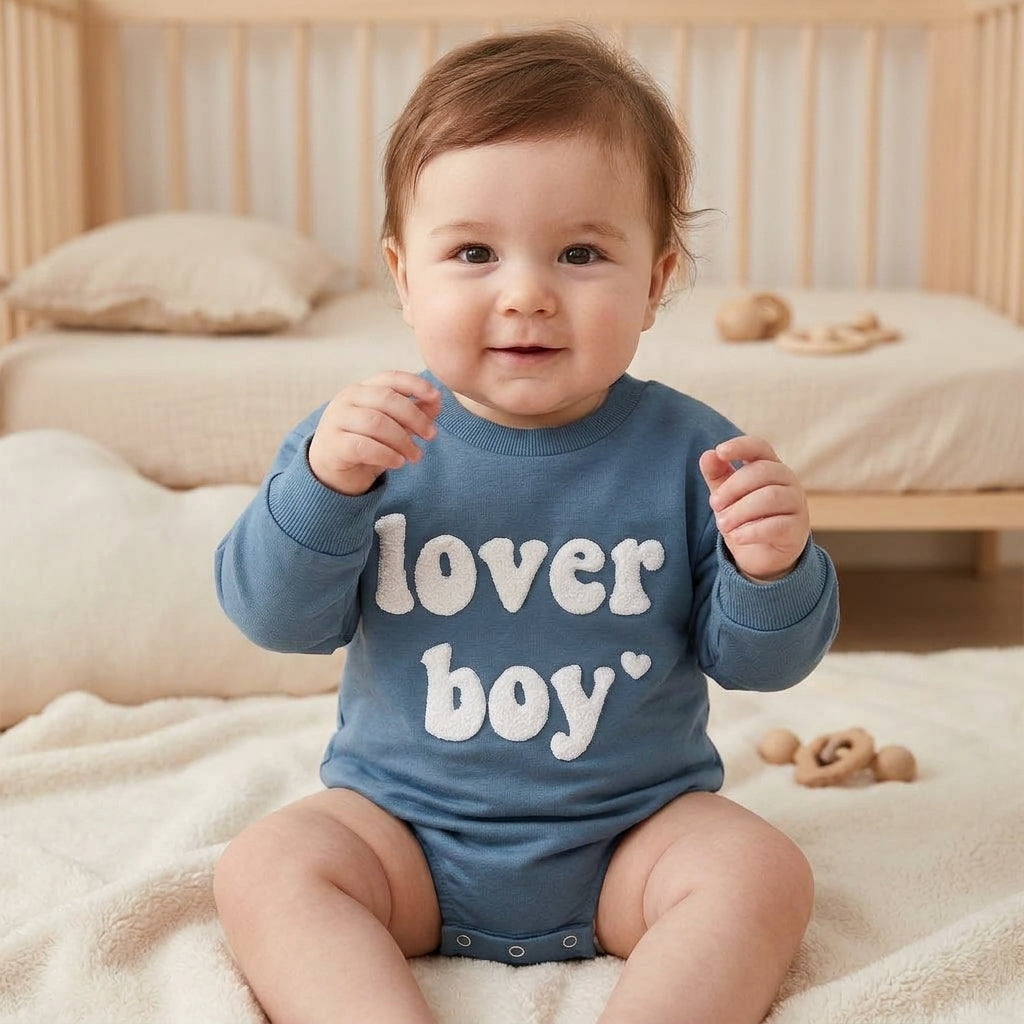 Ursobutegl Newborn Baby Boys Romper Sweatshirt Lover Boy Letter Embroidery Bodysuit Sweater Valentines Day Outfit Clothes (Blue 0-3 Months)