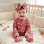 Filgriox My First Valentines Day Baby Girl Outfit Newborn Footie Romper Heart Bodysuit + Headband Infant One Piece Outfit (Rose Pink 0-3 Months)